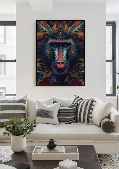 Kleurrijke Mandril Blauw Rood Gezicht Patroon Exotisch Portret Schilderij