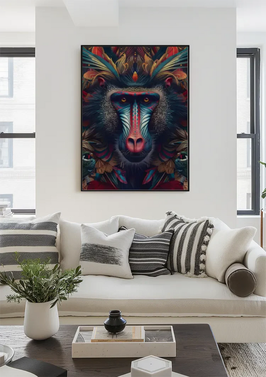 Kleurrijke mandril canvas schilderij aan de muur in de hal