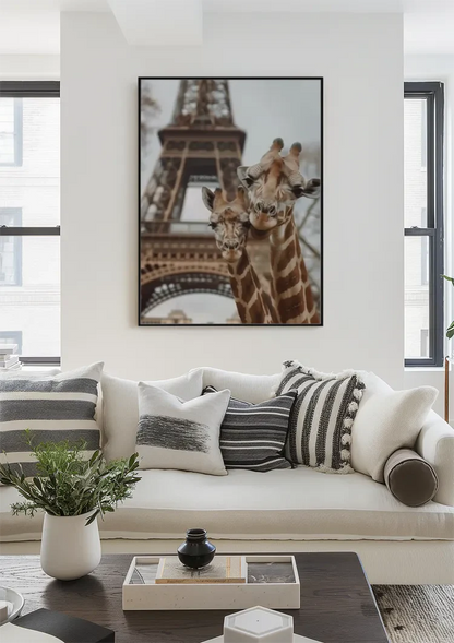 Twee Giraffen Eiffeltoren Parijs Speels Kleurrijk Schilderij