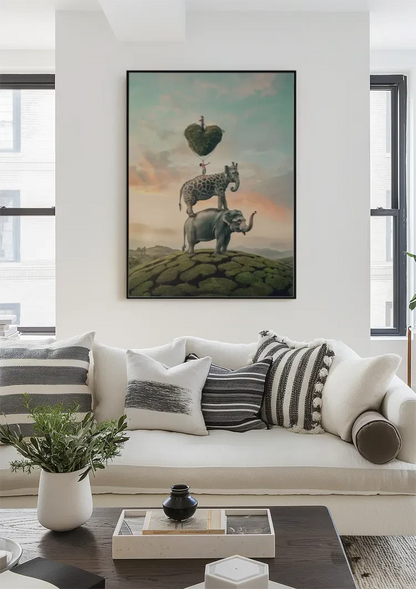 Surrealistisch Olifant Giraf Hartboom Dromerige Stapel Schilderij