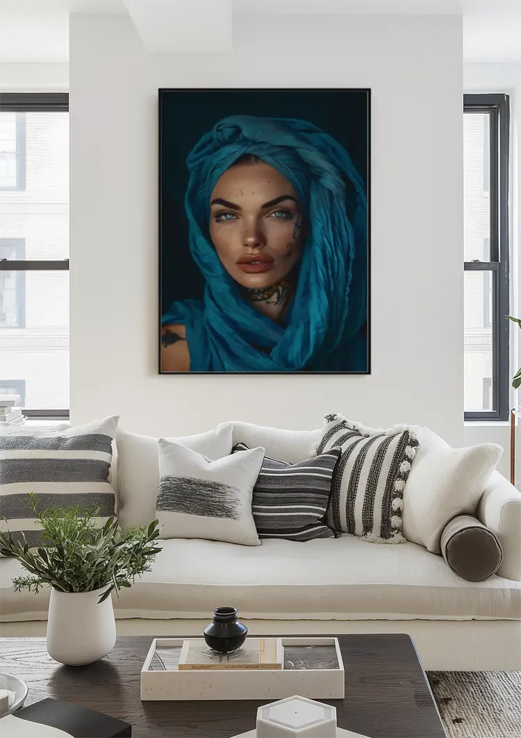 Orientalische Frau Blaue Augen Türkiser Hijab Mysteriöses Porträt Gemälde