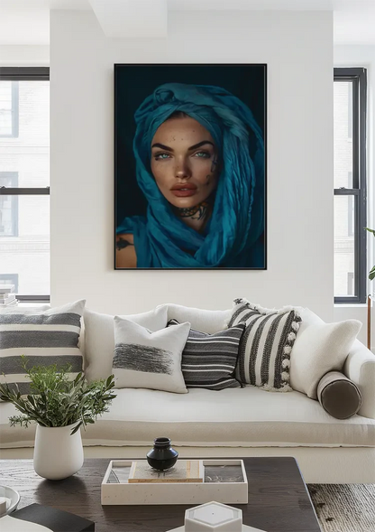 Orientalische Frau Blaue Augen Türkiser Hijab Mysteriöses Porträt Gemälde