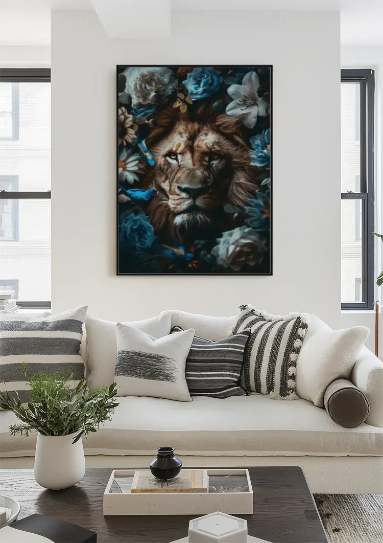 Leeuw Blauwe Bloemen Vlinders Kleurrijk Savanne Portret Schilderij
