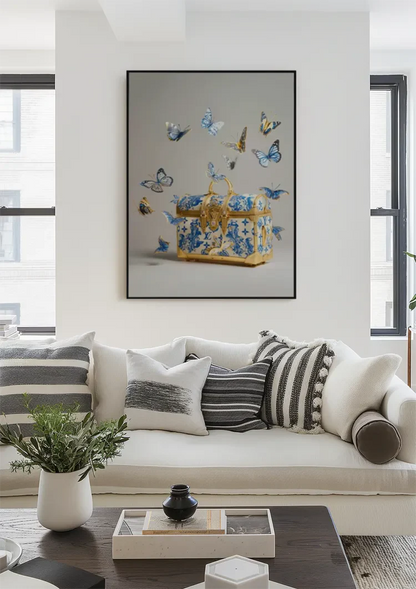 Louis Vuitton Gold Suitcase Blue Flowers Butterflies Luxury Painting