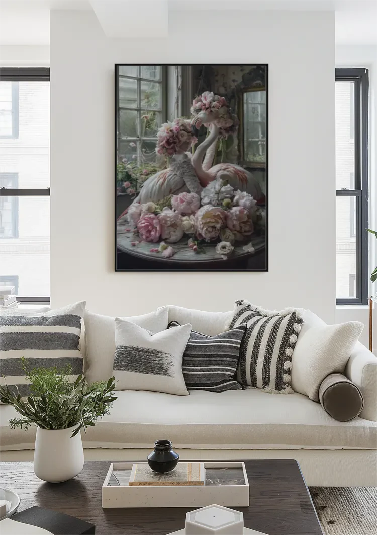 Flamingo und Rosa Blüten Vintage Zimmer Romantisches Verträumtes Gemälde