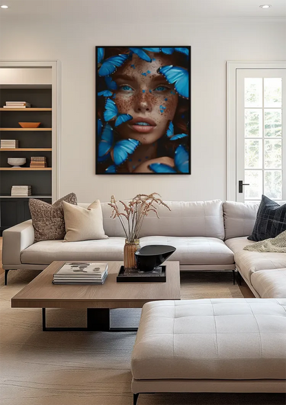 Female Portrait Surrounded by Blue Butterflies Dramatic Colorful Painting