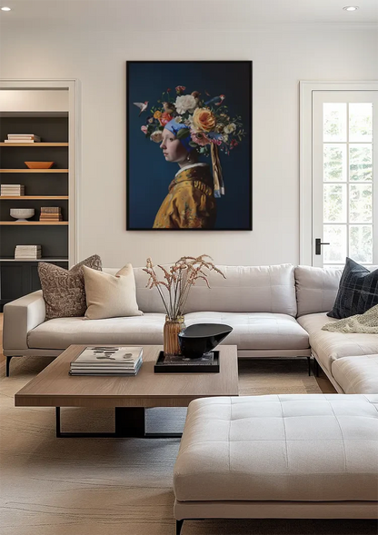 Girl with a Pearl Floral Crown Colorful Flowers Modern Baroque Painting