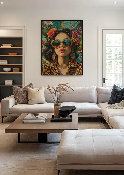 Woman Flowers Headdress Tropical Background Colorful Portrait Painting