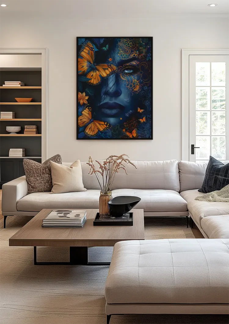 Woman Blue Skin Orange Butterflies Golden Ornament Mystical Painting