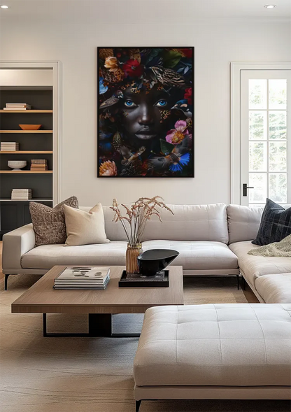 Blauwe Ogen Donker Portret Kleurrijke Bloemen Vogels Natuur Schilderij