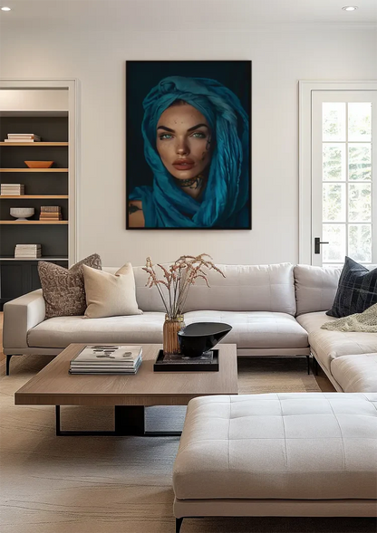 Orientalische Frau Blaue Augen Türkiser Hijab Mysteriöses Porträt Gemälde