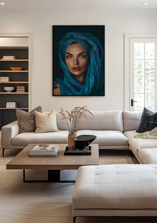 Vrouw met turquoise hoofddoek canvas schilderij aan de muur bij de voordeur in de hal