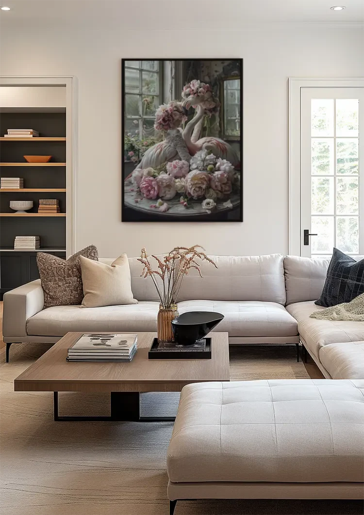Flamingo und Rosa Blüten Vintage Zimmer Romantisches Verträumtes Gemälde