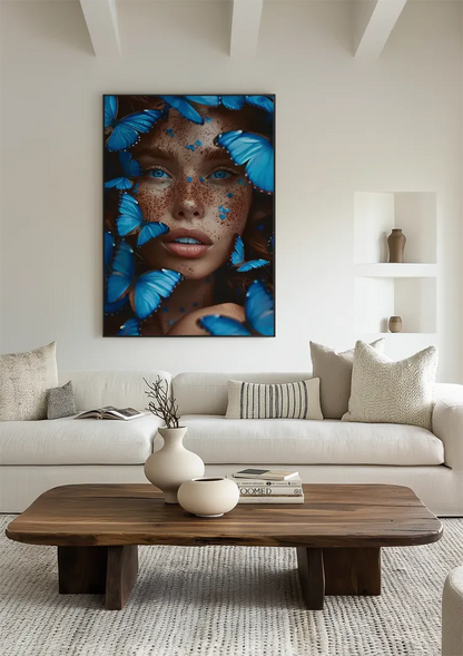 Female Portrait Surrounded by Blue Butterflies Dramatic Colorful Painting
