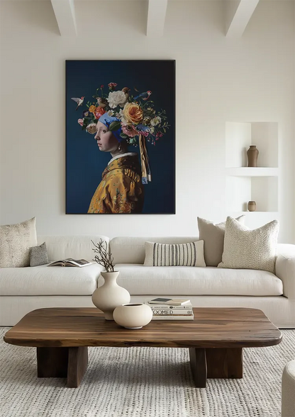 Girl with a Pearl Floral Crown Colorful Flowers Modern Baroque Painting