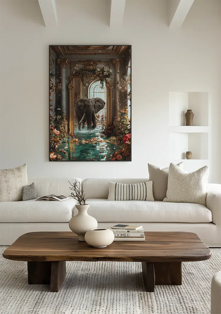Olifant Fantasie Barokke Zaal Gouden Ornament Bloemen Water Surrealistisch Schilderij