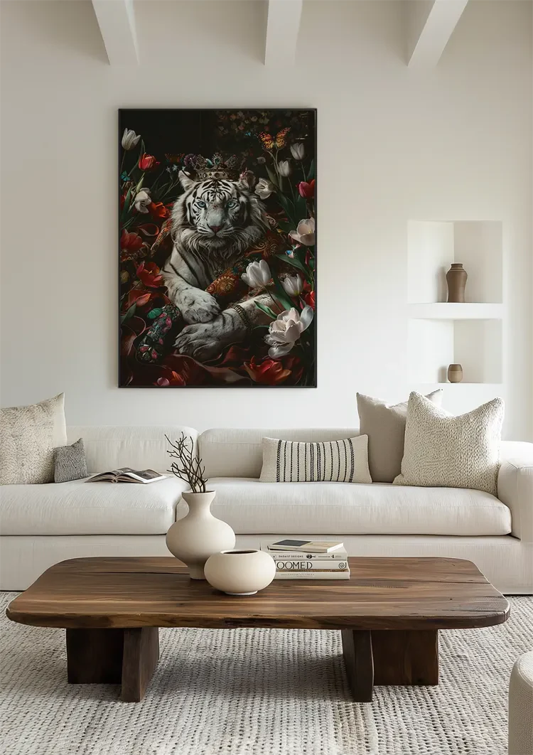 Witte Tijger Kroon Kleurrijke Bloemen Vlinders Donkere Achtergrond Fantasie Schilderij