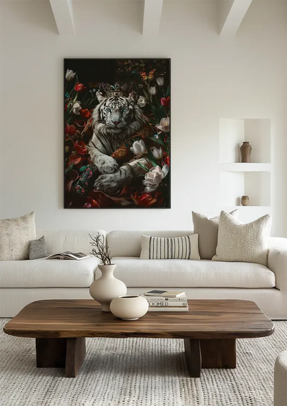 Witte Tijger Kroon Kleurrijke Bloemen Vlinders Donkere Achtergrond Fantasie Schilderij
