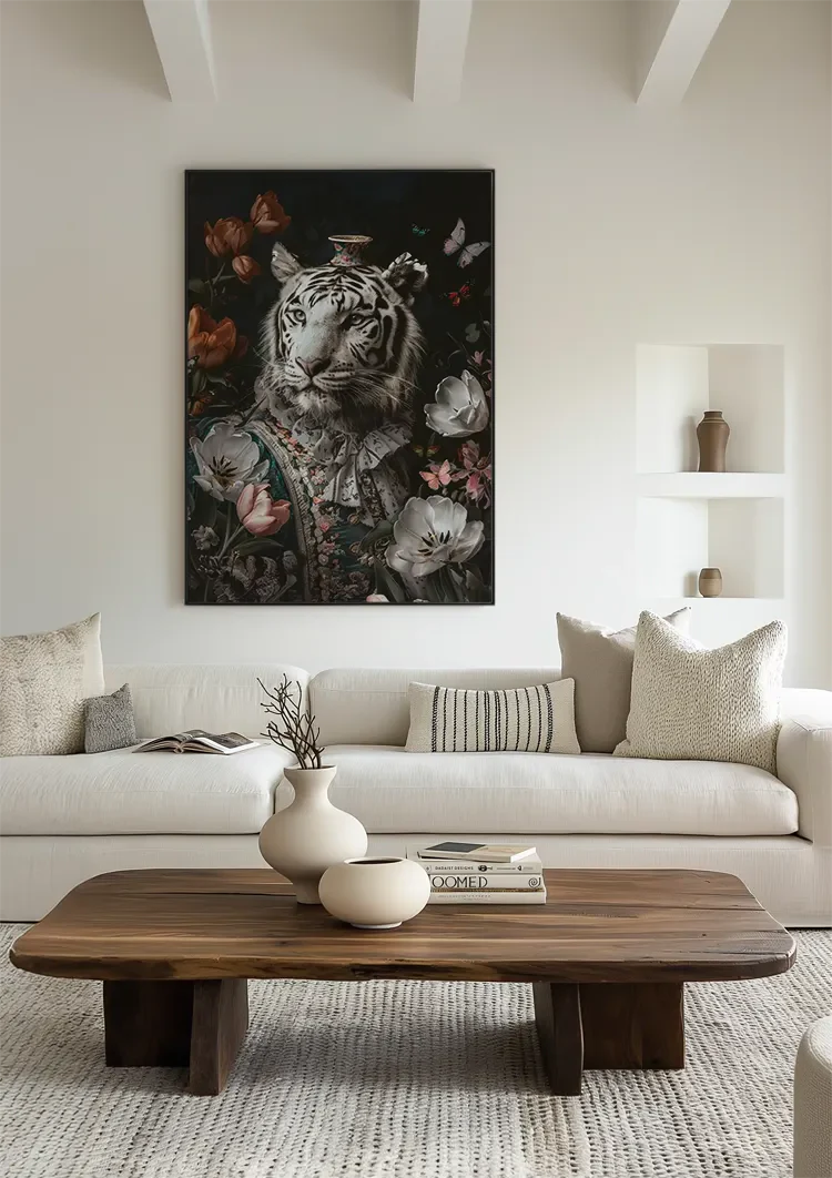 Witte Tijger Barok Kostuum Bloemen Vlinders Vaas Elegant Portret Schilderij