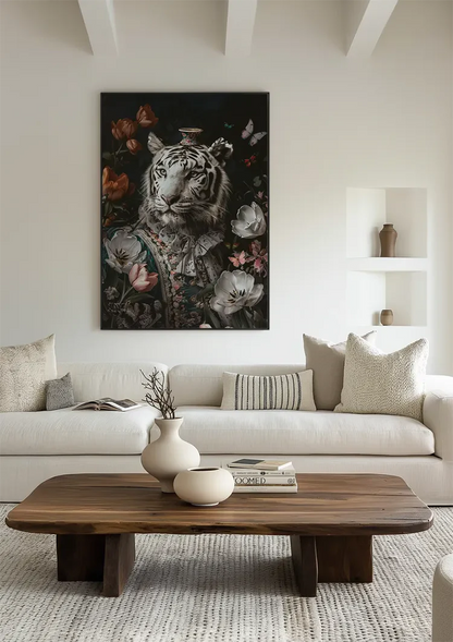 Witte Tijger Barok Kostuum Bloemen Vlinders Vaas Elegant Portret Schilderij