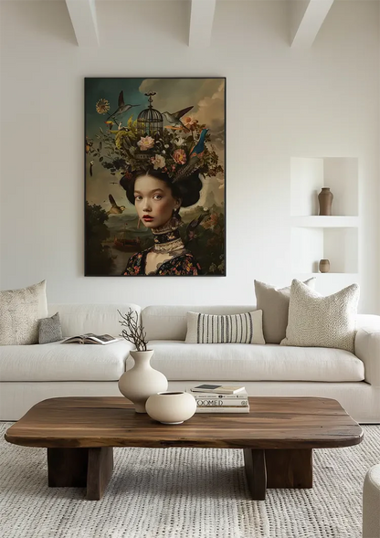 Vrouw Bloemen Vogels Donker Barok Portret Schilderij