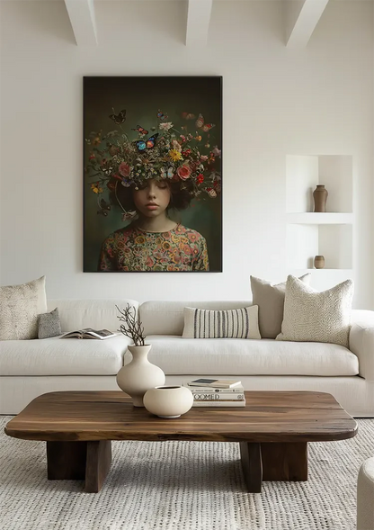 Girl with Flower Crown and Butterflies Dreamy Nature Portrait Painting