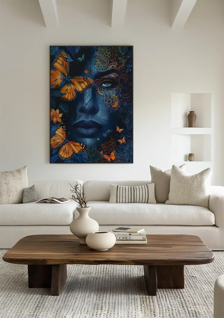 Woman Blue Skin Orange Butterflies Golden Ornament Mystical Painting