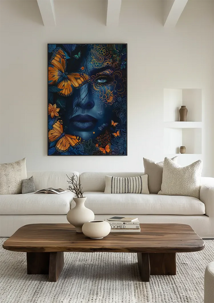 Woman Blue Skin Orange Butterflies Golden Ornament Mystical Painting