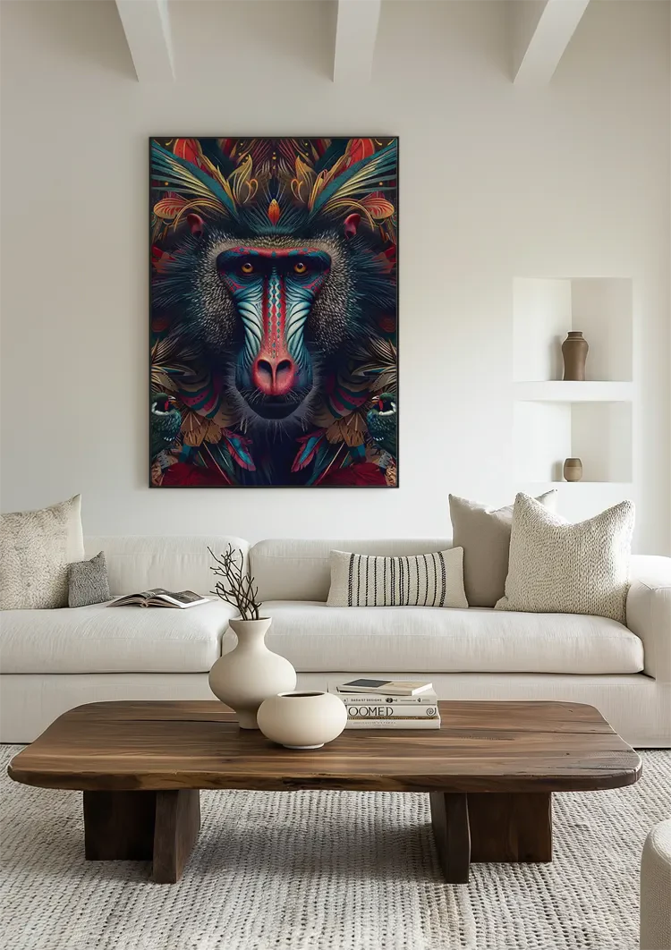 Kleurrijke Mandril Blauw Rood Gezicht Patroon Exotisch Portret Schilderij