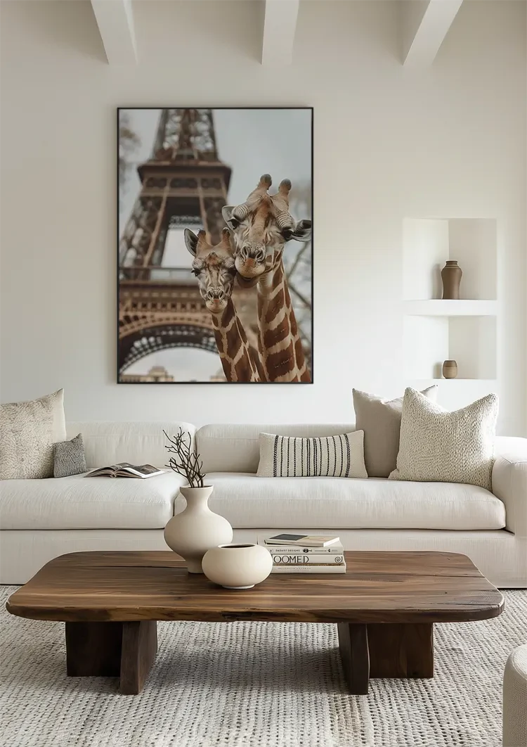 Twee Giraffen Eiffeltoren Parijs Speels Kleurrijk Schilderij