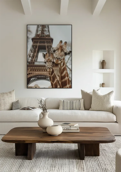 Twee Giraffen Eiffeltoren Parijs Speels Kleurrijk Schilderij