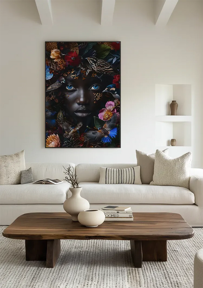 Blauwe Ogen Donker Portret Kleurrijke Bloemen Vogels Natuur Schilderij