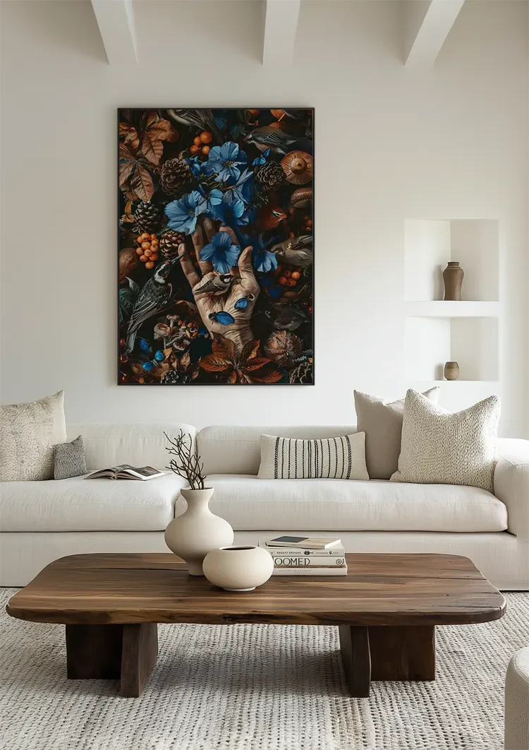 Hand umgeben von Blumen, Fauna, farbenprächtig, dunkel, Natur, Gemälde