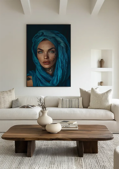 Orientalische Frau Blaue Augen Türkiser Hijab Mysteriöses Porträt Gemälde