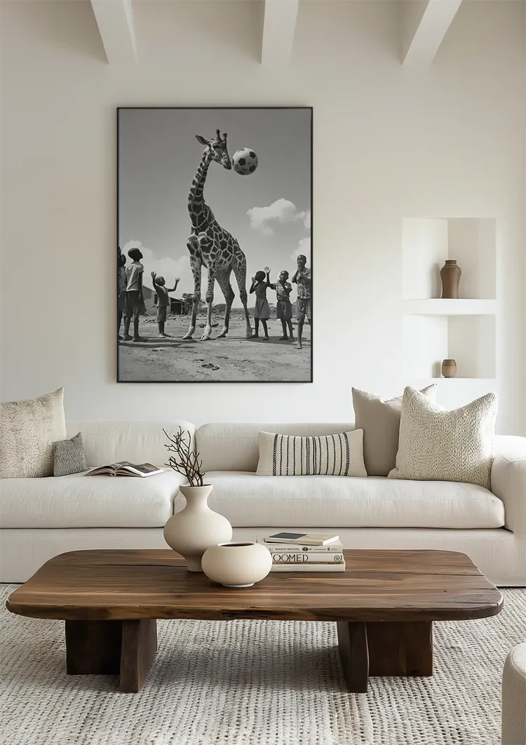 Giraffe Fußball Kinder Spielerisch Schwarz Weiß Lustiges Gemälde