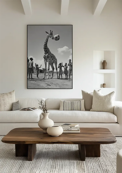 Giraffe Fußball Kinder Spielerisch Schwarz Weiß Lustiges Gemälde