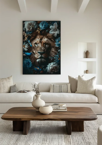 Leeuw Blauwe Bloemen Vlinders Kleurrijk Savanne Portret Schilderij