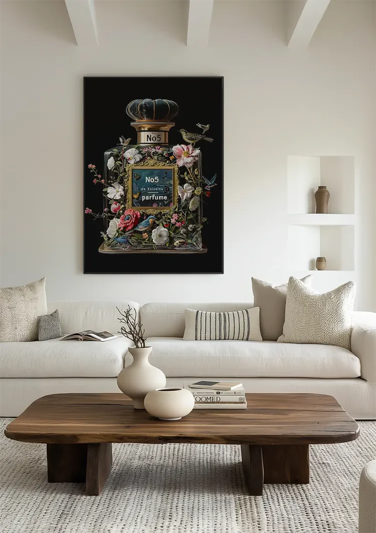 Parfumfles Bloemen Vogels Zwarte Achtergrond Schilderij
