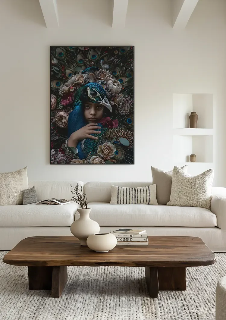 Peacock King Child Blue Feathers Flowers Colorful Fantasy Portrait Painting