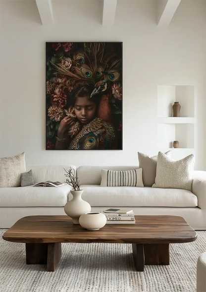 Peacock Dream Prince Girl Warm Feathers Flowers Colorful Fantasy Portrait Painting