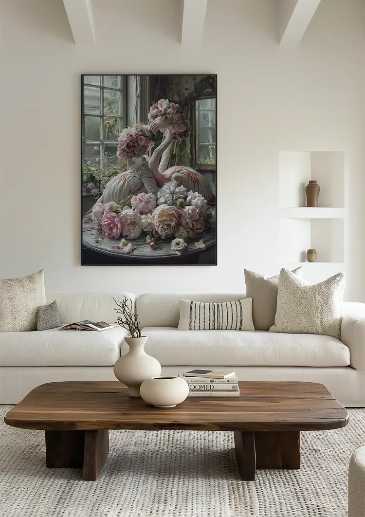 Flamingo und Rosa Blüten Vintage Zimmer Romantisches Verträumtes Gemälde
