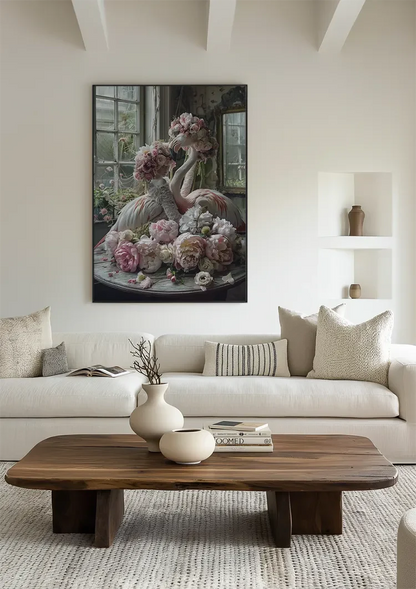 Flamingo und Rosa Blüten Vintage Zimmer Romantisches Verträumtes Gemälde