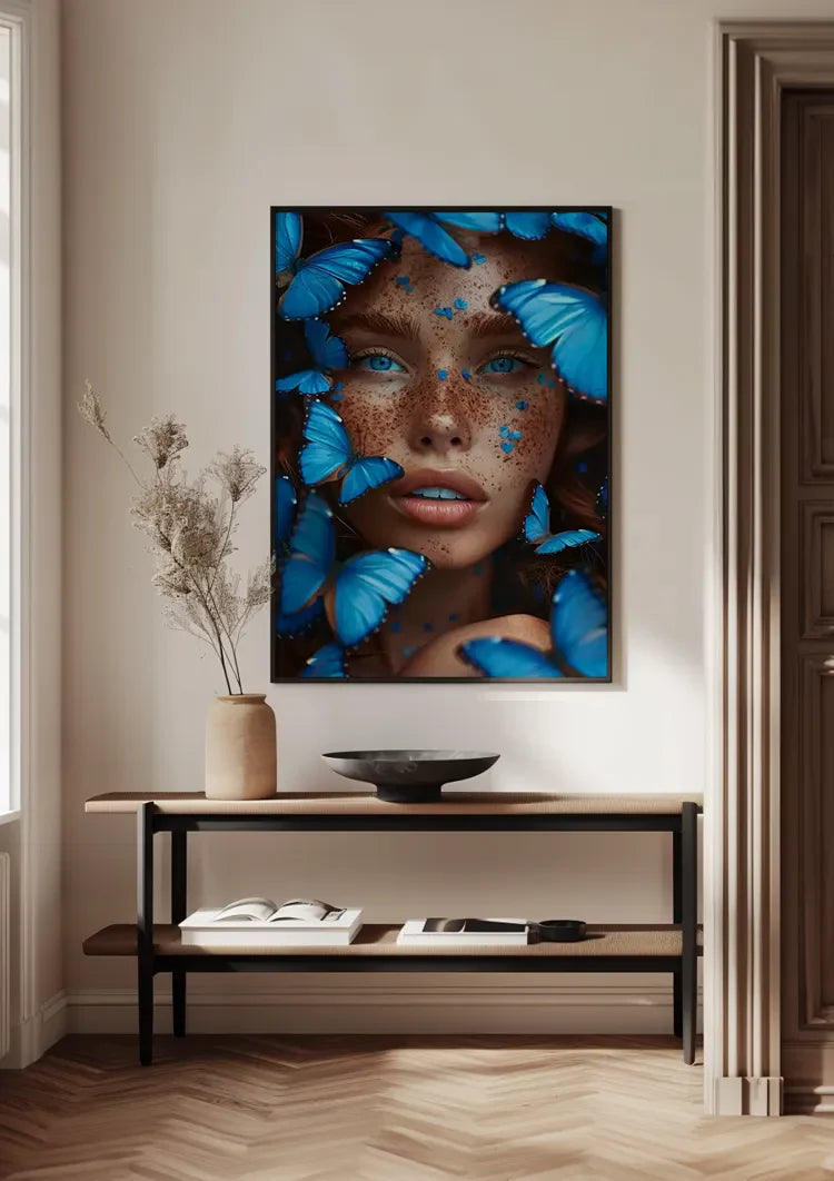 Female Portrait Surrounded by Blue Butterflies Dramatic Colorful Painting