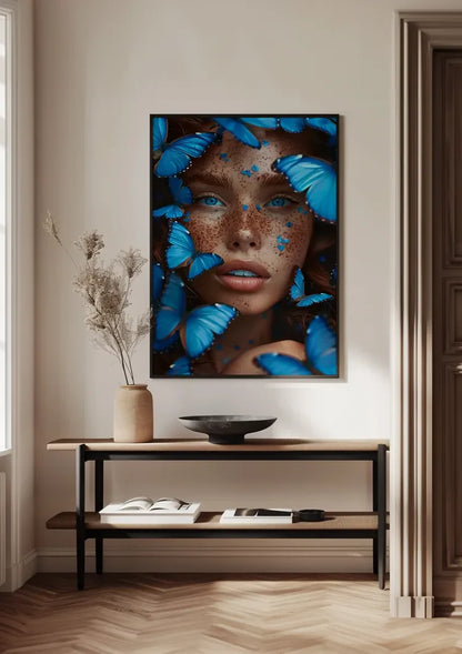 Female Portrait Surrounded by Blue Butterflies Dramatic Colorful Painting