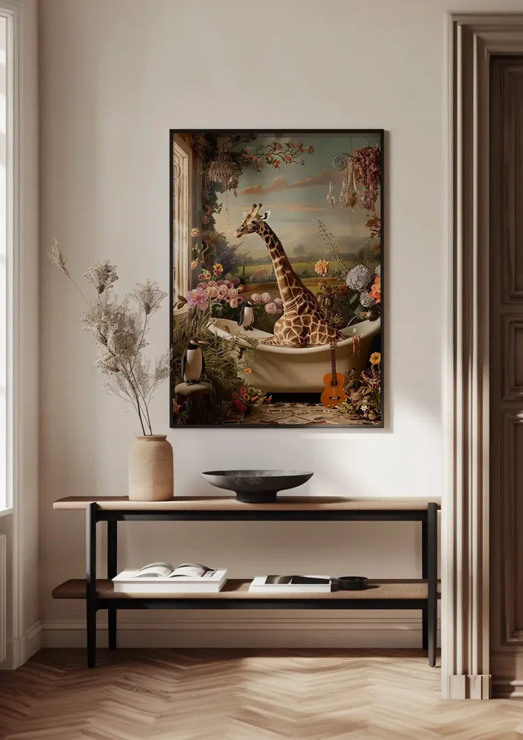 Giraf In Bad Kleurrijke Bloemen Surrealistisch Dromerig Schilderij