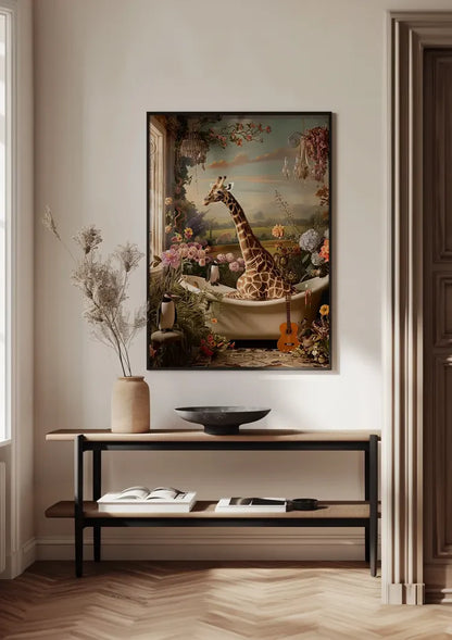 Giraf In Bad Kleurrijke Bloemen Surrealistisch Dromerig Schilderij