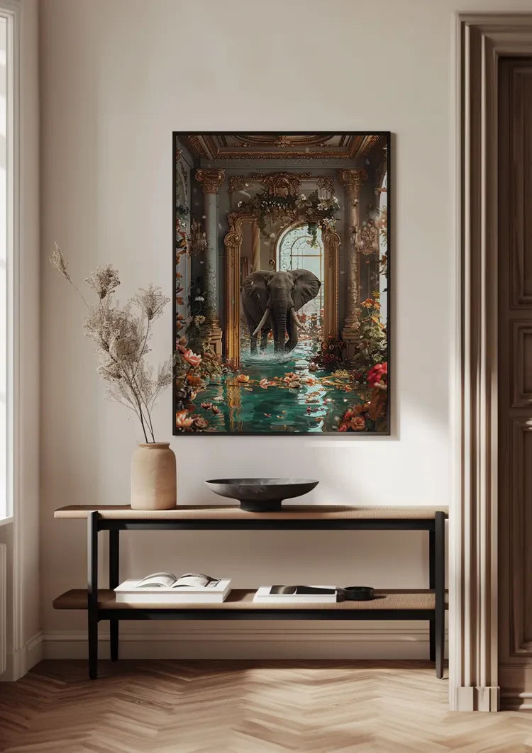 Olifant Fantasie Barokke Zaal Gouden Ornament Bloemen Water Surrealistisch Schilderij