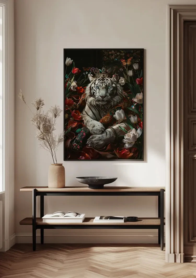 Witte Tijger Kroon Kleurrijke Bloemen Vlinders Donkere Achtergrond Fantasie Schilderij
