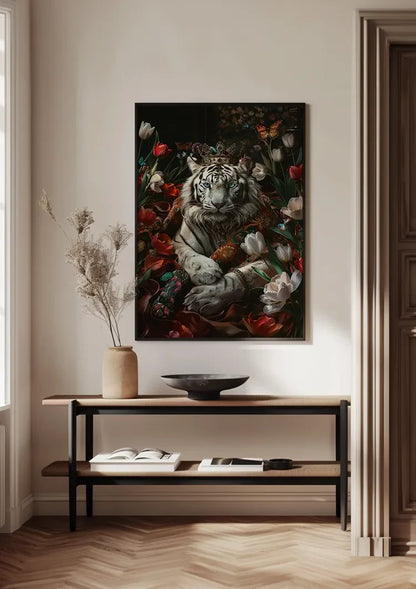 Witte Tijger Kroon Kleurrijke Bloemen Vlinders Donkere Achtergrond Fantasie Schilderij