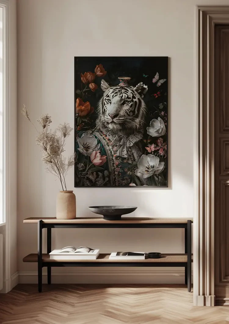 Witte Tijger Barok Kostuum Bloemen Vlinders Vaas Elegant Portret Schilderij